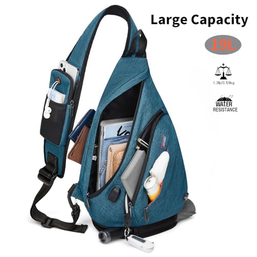 TUDEQU Large Sling Bag for Men,19L Crossbody Backpack with 8 Pocket,Gym,EDC | One Strap Backpack with Umbrella Pocket & Stability Strap,Sling Backpack,One Shoulder Backpack for Hiking,Travel,Cycling - color: Blue Black