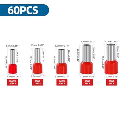 5 Sizes Wire Ferrule Kit Insulated Ferrule Connectors Crimp Wire Terminal Pin Cord End AWG(10 8 6 4 2) Gauge - style: 10-2AWG 60P