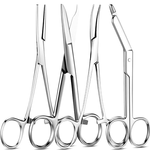 BBTO Hemostat Curved and Straight Hemostat Forceps Piercing Pliers Forceps, Stainless Steel Straight and Curved Pliers, Fishing Tweezer(Silver,4 Pcs) - color: Silver