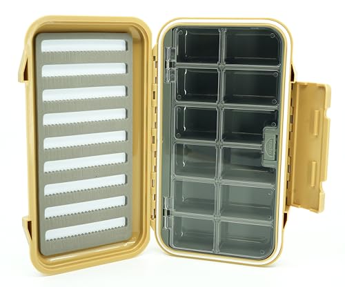 Kingfisher Large Waterproof 12 Compartment and Foam Fly Fishing Box - color: Tan