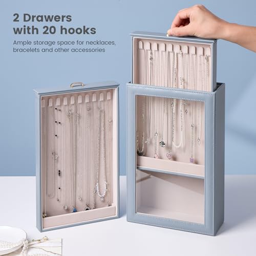 Lolalet Necklace Organizer Box, Jewelry Storage Box with Clear Window for Necklaces Bracelets, Tangle-Free Necklace Display Case for Women Girls, Dusty Blue, 2 Layers 20 Hooks - color: Dusty Blue, size: 2 Layers, 20 Hooks