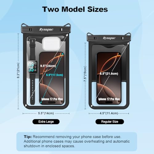 Rynapac Large Waterproof Phone Pouch [Up to 10"] - 2 Pack IPX8 Waterproof Phone Case for iPhone 17 16 15 Pro Max Galaxy S26 Ultra, Touchscreen & Underwater Photography, Beach Cruise Essentials 2026 - color: [Black + Black] Large Waterproof Phone Pouch, si