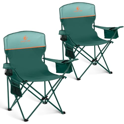 ALPHA CAMP 2-Pack Camping Chair with Cooler Bag, Heavy Duty 250lbs Capacity Folding Chair with Lumbar Support & Side Pocket, Portable Quad Chairs for Beach Fishing Tailgating & Sideline Sport - color: Green