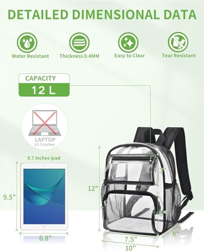 MAY TREE Clear Backpack for Stadium Events, 12x10x6 Inches Stadium Approved | 2 Extra Front Pockets, Clear Bag with Padded Strap for Stadium Events, Transparent Bag for Concert, Festival, Game Day -Black - color: Black-1, style: 2 Front Pocket-1