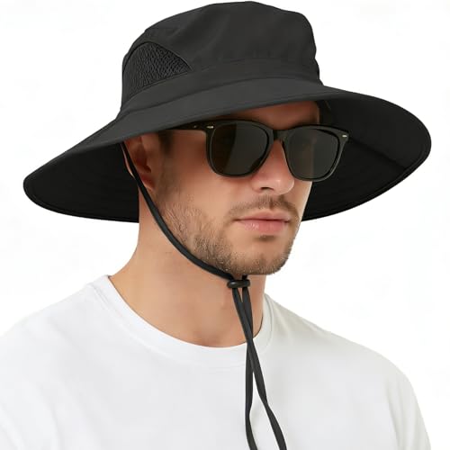 Wide Brim Sun Bucket Hat, Waterproof Boonie Hat for Men & Women | UPF 50+ UV Protection, Adjustable Fit, Chin Strap & Sweatband, Foldable Durable for Fishing Hiking Garden Beach - color: 01 Black