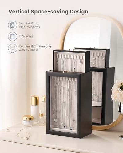 Lolalet Upgraded Double-Sided Hanging Necklace Organizer Box, Jewelry Display Case with Double-Sided Clear Window for Necklaces Bracelets, Tangle-Free Necklace Storage Box, Black, 2-Layer 40 Hooks - color: Black, size: 2-Layer, 40 Hooks
