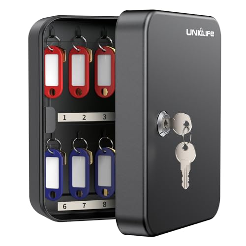 Uniclife 20 Position Key Cabinet with Key Lock Wall Mounted Black Security Storage Box Steel Key Organizer with Colorful Key Tag Labels Stickers and Hooks - color: Black, size: 20-Key