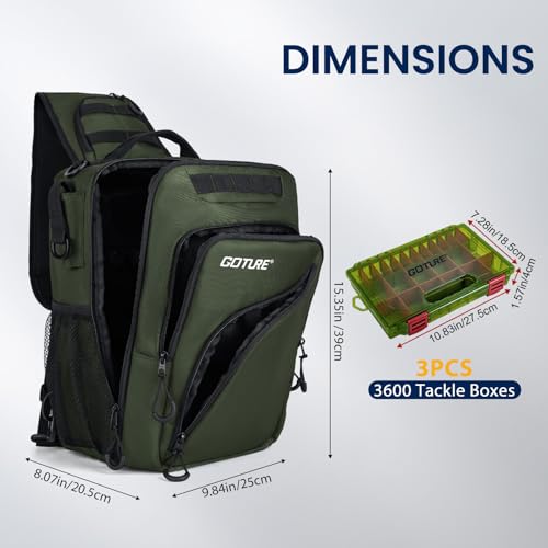 Goture Green Tactical Sling Fishing Bag with Trays, Heavy Duty 1680D Fishing Backpack for Hiking Camping, Adjustable Shoulder Strap with Rod Holder & Tool Pockets, Tackle Box Organizer Bag - color: Green, style: 1680d Double-strand Pu Backpack + (3)3600 T