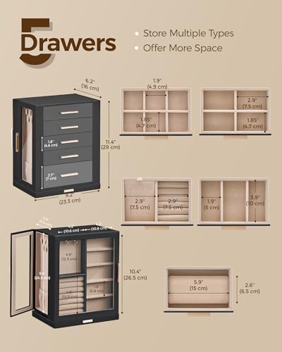 Glimmloop 360° Rotating Jewelry Box with 5 Drawers, Spacious Vertical Jewelry Organizer with Glass Window, Jewelry Storage Case, Dustproof & Moisture-resistant Design, Black - color: Black, size: 5 Drawers (6.2"D x 9.2"W x 11.4"H)