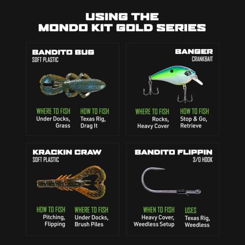 Googan Squad Mondo Kit Bass Fishing Lure Sets for Largemouth & Smallmouth Bass – Includes Premium Tackle & Mystery Box Essentials - color: Gold Series