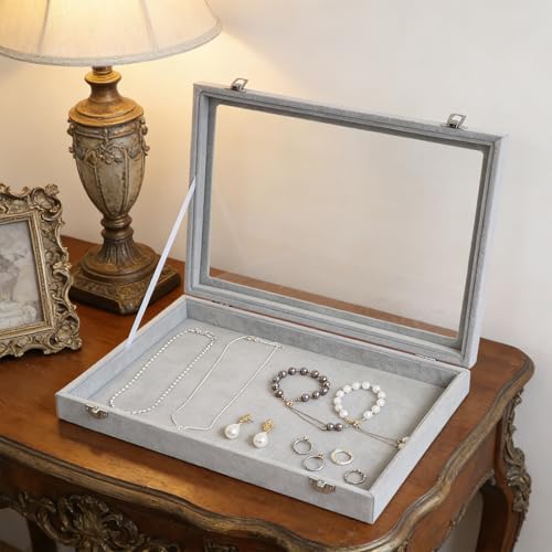 Wudygirl Velvet Jewelry Organizer Empty Jewelry Tray Organizer Jewelry Box Storage Case Display Necklaces Earring Stackable Tray Containers Clear Lid (DIY Box) - color: Gray, size: Empty