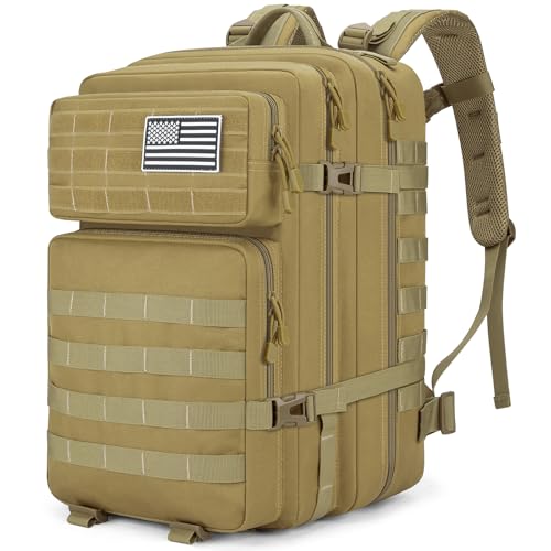 Tactical Backpack 45L Army Military Rucksack, Water Resistant MOLLE Pack, Large 3 Day Bug Out Bag for Men & Women, Durable Outdoor Gear for Hiking, Camping, Hunting, Travel (Khaki) - color: Khaki