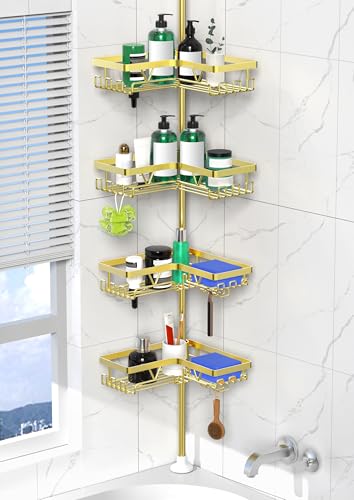 DAOYA Shower Caddy Tension Pole - Gold Corner Shower Caddy Stainless Steel Bathroom Shower Organizer for Tub Tension Rod Corner Shower Shelves(25-114inch) - color: Gold