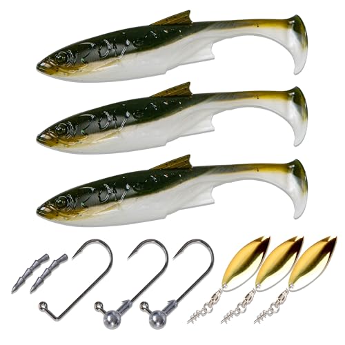 Paddle Tail Swimbaits Set, Ultra Soft PVC，Freshwater & Saltwater Ready, Includes Hooks, Weight & Spinnerbait Blades，Fishing Gear for Bass and Predator Fish - color: Shad