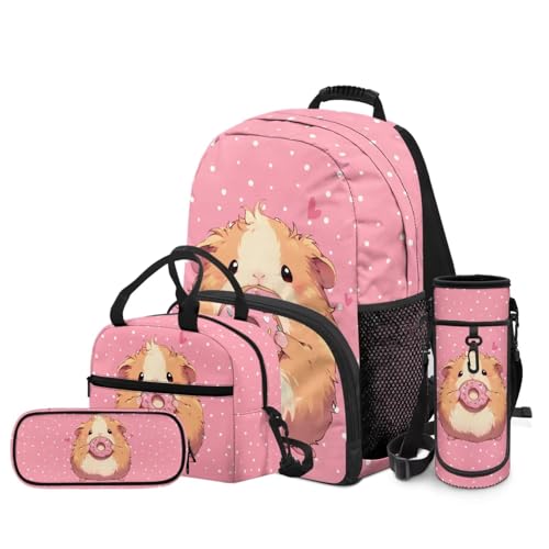 Donut Guinea Pigs Backpacks for Girls Kids Preschool Elementary Backpacks with Reusable Lunch Bag Pencil Case Pouch Water Bottle Carrier Bag 4 Pack Set Pink - color: Guinea Pig