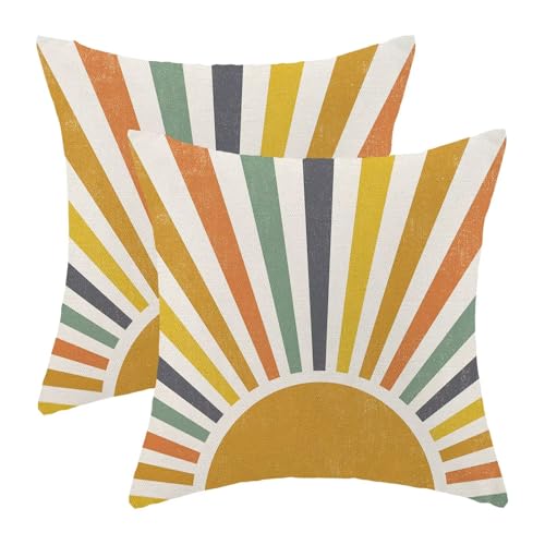 Boho Stripes Pillow Covers 16 x 16 Set of 2, Summer Yellow Rainbow Sun Outdoor Decorative Throw Pillows Farmhouse Linen Sunshine Cushion Case for Home Couch Sofa Decor - color: Sun2, size: 16" x 16" (Pack of 1)