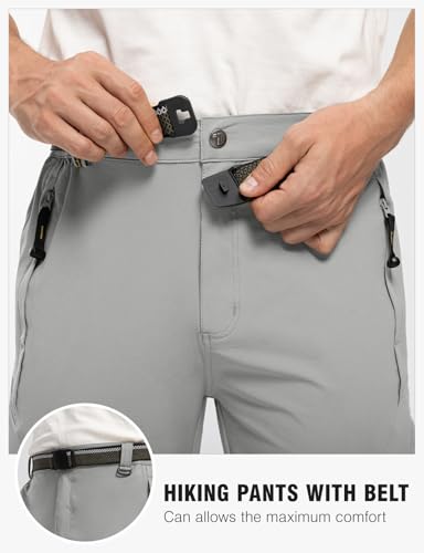 TBMPOY Men's Lightweight Hiking Pants with Belt 5 Zip Pockets Waterproof Quick-Dry Travel Fishing Work Outdoor Pants - color: A7-thin Light Gray, size: X-Large