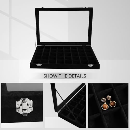 Wudygirl 40 Grid Jewelry Organizer Tray for Earrings Rings Bracelets Storage Necklaces Display Large Jewelry Box with Clear Lid Multiple Compartments Drawer Organization (Black Velvet) - color: Black, size: 40 Grid