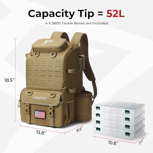 Piscifun 52L Fishing Tackle Backpack with Rod Holders & 4 Tackle Boxes, Large Tackle Bag for Gear Storage with Rain Cover - color: Khaki