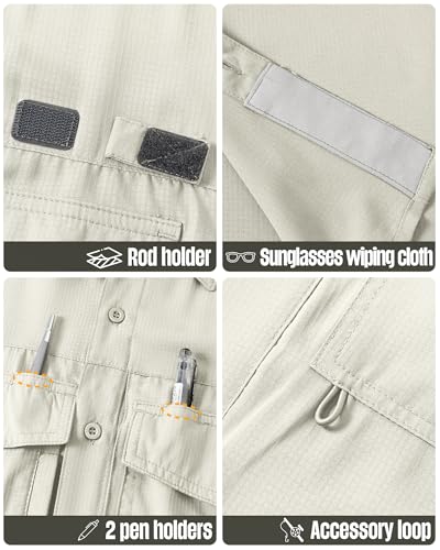 33,000ft Men's Fishing Shirts Lightweight Cool Quick Dry Sun Protection UV Short Sleeve Shirt for Casual Hiking Safari Travel - color: Khaki, size: Medium
