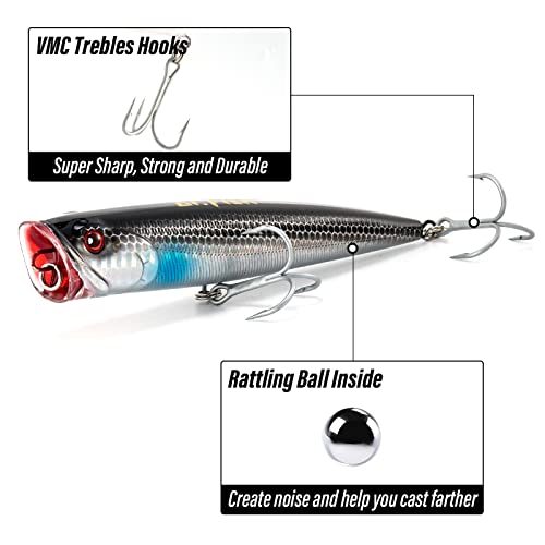 Dr.Fish Popper Saltwater Fishing Lures, 4/5.5 Inches GT Popper VMC Treble Hooks Surf Fishing Lures for Bass Striper Pike Salmon Offshore - color: Chrome Black-1 Pack, size: 5.5"