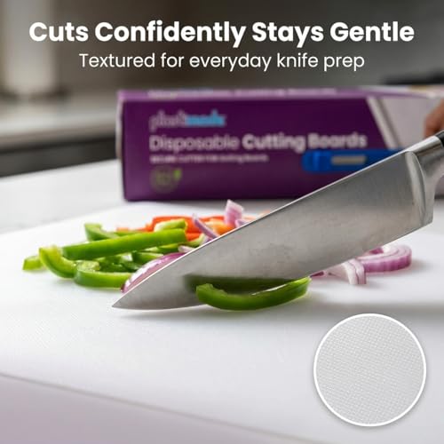 Disposable Cutting Board Sheets with Built-In Sliding Cutter - Flexible Plastic Cutting Boards for Kitchen Meal Prep, Camping, Travel, Tailgating & Commercial Use
