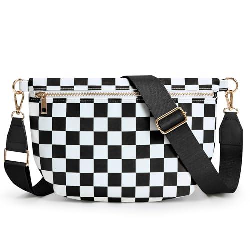 KALIDI Checkered Crossbody Bags for Women Travel Flat Fanny Packs for Woman Men Nylon Cross Body Purse Fashion Belt Bum Bag - color: Black Checkered