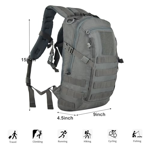 Small Tactical Hiking Backpack, 12L MOLLE Bookbag Daypack for Travel | MOLLE webbing expands carry options;compact,lightweight design fits hiking,school,camping,travel and daily use - color: Grey
