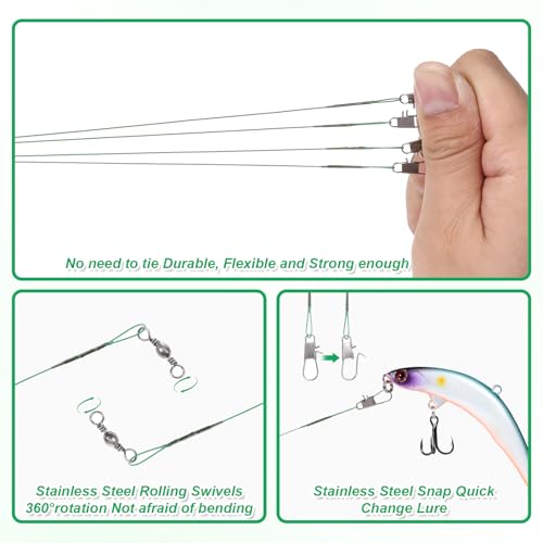50 Pcs Fishing Leaders with Swivels, Steel Wire Fishing Leader | High-Strength Anti-Bite Wire Leader Line Kit for Saltwater Freshwater, Connects Lures, Hooks, Rigs (Green, 4/6/8/10/12 Inch) - color: Green