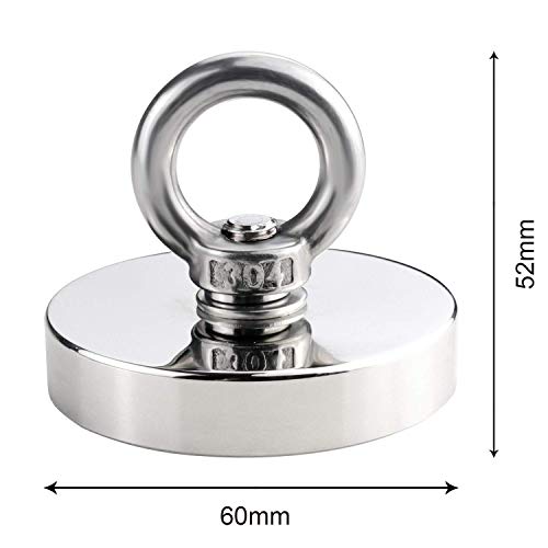 DIYMAG Super Strong Neodymium Fishing Magnets, 500 LBS(227 KG) Pulling Force Rare Earth Magnet with Countersunk Hole Eyebolt Diameter 2.36 in(60mm) for Retrieving in River and Magnetic Fishing - size: 60mm