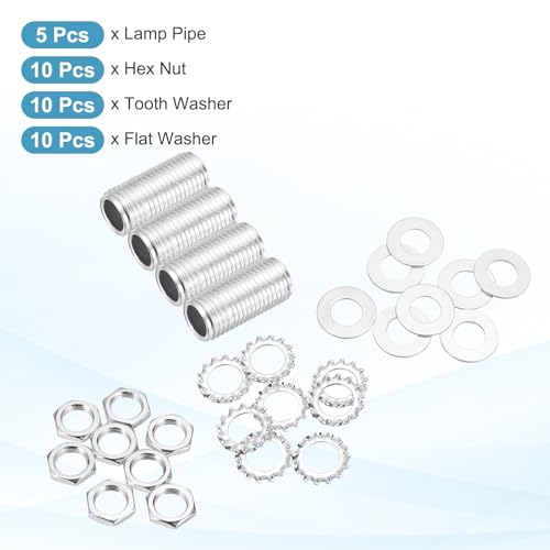 MECCANIXITY 35Pcs 0.8" Lamp Pipe Nipples Kit with Hex Nuts Washers, 1/4IP All Threaded 1/2" Outer Diameter Lamp Rod Hollow Tube Fasteners for Lamp Assembly Chandelier DIY Repair, Silver - size: 0.8"x1/4IP