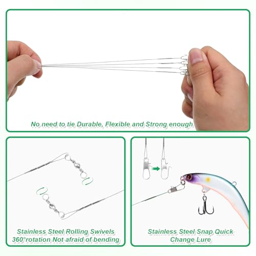 50 Pcs Fishing Leaders with Swivels, Steel Wire Fishing Leader | High-Strength Anti-Bite Wire Leader Line Kit for Saltwater Freshwater, Connects Lures, Hooks, Rigs (Green, 4/6/8/10/12 Inch) - color: Silver
