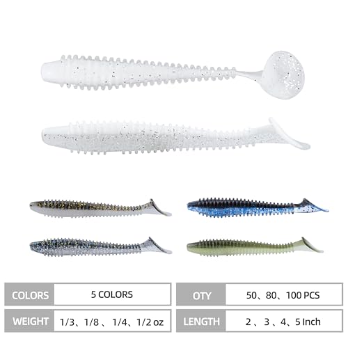 Paddle Tail Swimbaits 100/80/50PCS, 5/4/3/2 inch Soft Fishing Lures Bulk Pack – Durable Lifelike Action Lures for Bass, Trout, Crappie – Freshwater & Saltwater Fishing Gifts - color: White Pearl, size: 5in, 50pcs