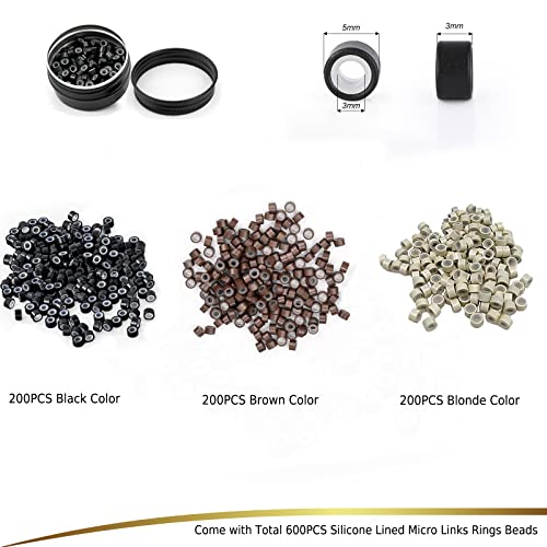 EHDIS Hair Extension Beading Tool Kit 600PCS Micro Silicone Lined Beads Stainless Steel Hair Extensions Micro link Bead Closer and Remover Pliers set, Beads Hair Pulling Hook & Micro Ring Loop Tool - color: Black with beads