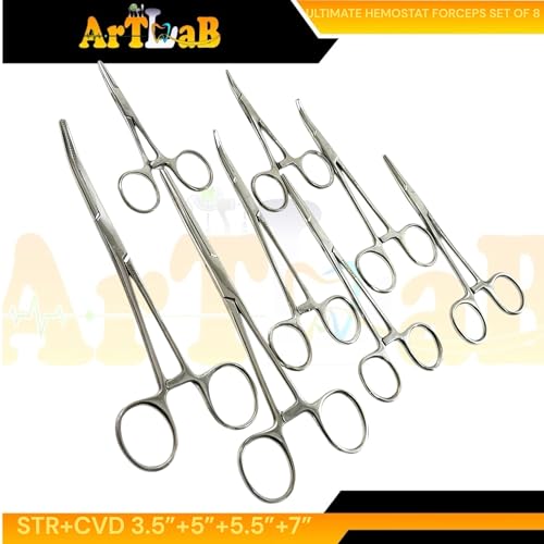 ArtLab-Ultimate Hemostat Forceps Set of 6-Straight & Curved Hemostat Forceps Locking Clamps Stainless Steel Full Serrated Jaws-Ideal for Nurses,Firefighters,Fishing (Set of 8-3.5"+5"+5.5"+7"(Str+Cvd))