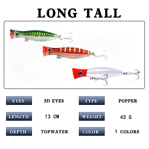 Popper Fishing Lure Set, 3 PCS Topwater Popper Lures 3D Eyes Fishing Accessories for Saltwater Surface Casting and Freshwater Fishing Gt Tuna Kingfish Large Predator Fish (5.11in, 1.48Oz) - color: B