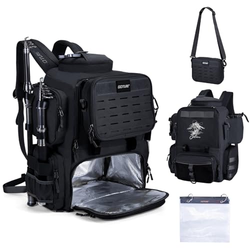 Goture Fishing Backpack, 58L 900D Water-Resistant Insulated Tackle Backpack with Cooler, Rod Holders, 8 Lure Pockets, Detachable Crossbody Bag, Gear Storage Large Fishing Bag for Camping Hiking - color: Black