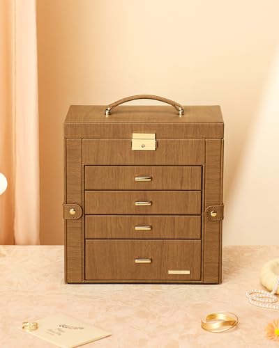 Homde Synthetic Leather Huge Jewelry Box Mirrored Watch Organizer Necklace Ring Earring Storage Lockable Gift Case (Brown + Gold) - color: Brown + Gold