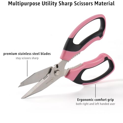 BoFuYuan 8-Inch Utility Scissors All Purpose Heavy Duty, Serrated Blade, Pink Comfort Grip for Cutting Carpet, Cardboard, Leather, Fabric, Multipurpose Sharp Shears for Kitchen, Garden, Office, Carft - color: Pink