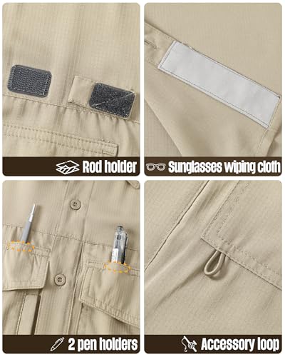 33,000ft Men's Fishing Shirts Lightweight Cool Quick Dry Sun Protection UV Short Sleeve Shirt for Casual Hiking Safari Travel - color: Dark Khaki, size: Small