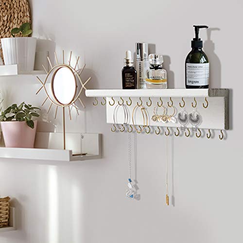 SANY DAYO HOME Jewelry Organizer with 30 Hooks and Cosmetics Shelf, 15 x 3 x 4 inches Wall Mounted Rustic Pine Wood Holder for Necklaces and Bracelets, Suitable for Kids and Adults (Retro White) - color: 30 Hooks Retro White