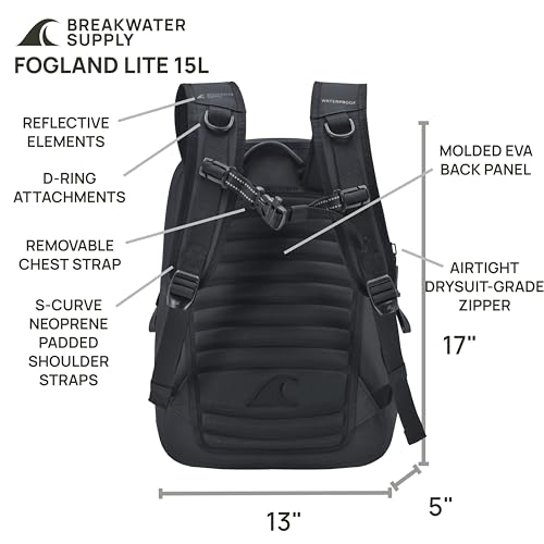 Breakwater Supply™ Fogland Lite Small Waterproof IP68 Submersible Backpack | Laptop Sleeve & Airtight Zippers for Outdoors, Surfing, Kayaking, Hiking, Cycling, Unisex TPU Dry Bag (Stealth Black, 15L) - color: Stealth Black, size: 15L