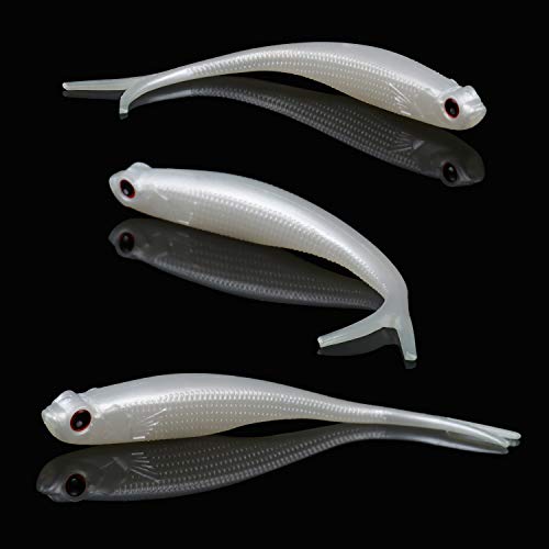 RUNCL Anchor Box - Paddle Tail Swimbaits, Soft Jerk Baits, 20/40/50/60pcs Soft Fishing Lures, Curved Tail Grubs - 3D Lifelike Eyes, Split/Boot/Curved/Straight/Thin Tail - 1/2/3/4/5in, Proven Colors - color: J - Split Tail w/ External Etched Scales (5-1/8i