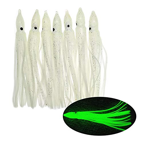 Squid Skirts Fishing Saltwater Glow Trolling Squid Swimbait Lures Luminous Octopus Skirts Soft Plastic Fishing Bait for Bass Salmon Trout 1.96in,3.54in,4.33in Pack of 20 - color: Glow, size: 3.54"