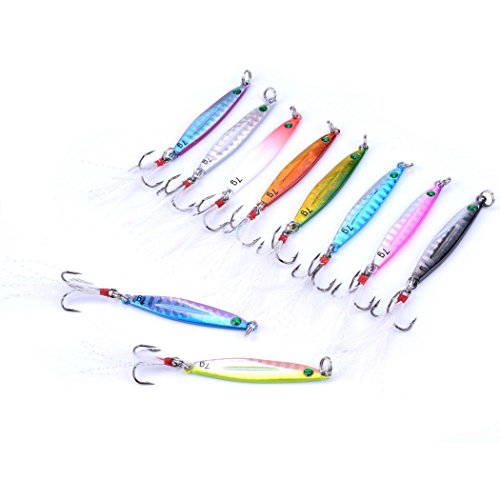 Aorace 10pcs Hard Metal Jigs Diving Sea Fishing Lures Minnow Popper Baits Tackle Crankbait Saltwater Freshwater Lures with Feather - color: 10pcs 5cm/7g