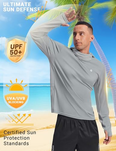 PINSPARK UPF 50+ Sun Protection Hoodie Men with Mask Quick Dry Long Sleeve Fishing Hiking Shirts UV Rash Guard Lightweight - color: Light Grey, size: Medium