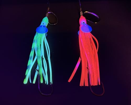 King COHO Humpy Sockeye Salmon Stealhead Squid Skirt Spinner Lure UV Gill Double Hooks or Trolling Fishing - color: Pink, Green, White, Metallic Green