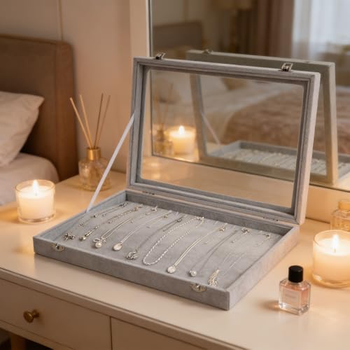 Wudygirl 20 Hooks Necklace Organizer Velvet Jewelry Organizer Showcase for Necklaces Jewelry Box Stackable Glass Top Lockable (Necklace Organizer) - color: Gray, size: Necklace