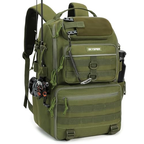SKYSPER Tackle Backpack Fishing Bags with Rod Holder, 40L Water-Resistant Tackle Box Storage Bag for Fishing Gear Lures(Armygreen) - color: Armygreen