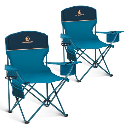 ALPHA CAMP 2-Pack Camping Chair with Cooler Bag, Heavy Duty 250lbs Capacity Folding Chair with Lumbar Support & Side Pocket, Portable Quad Chairs for Beach Fishing Tailgating & Sideline Sport - color: Blue